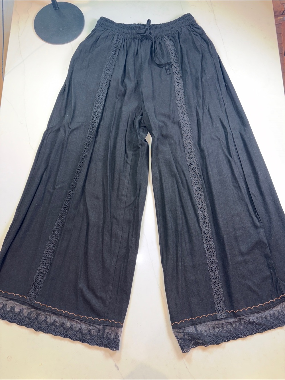 Black Wide-Leg Lace-Trim Pants